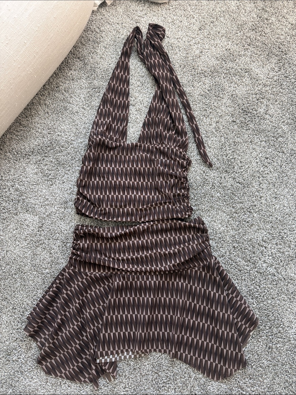 Brown Geometric Halter Skirt Set